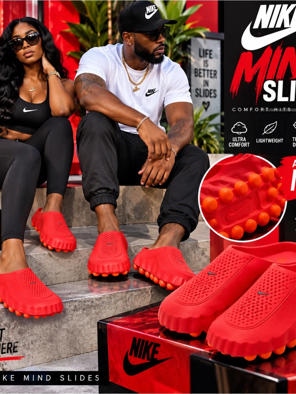 Nike Men’s Red Mind Slides with Orange Traction Nodules